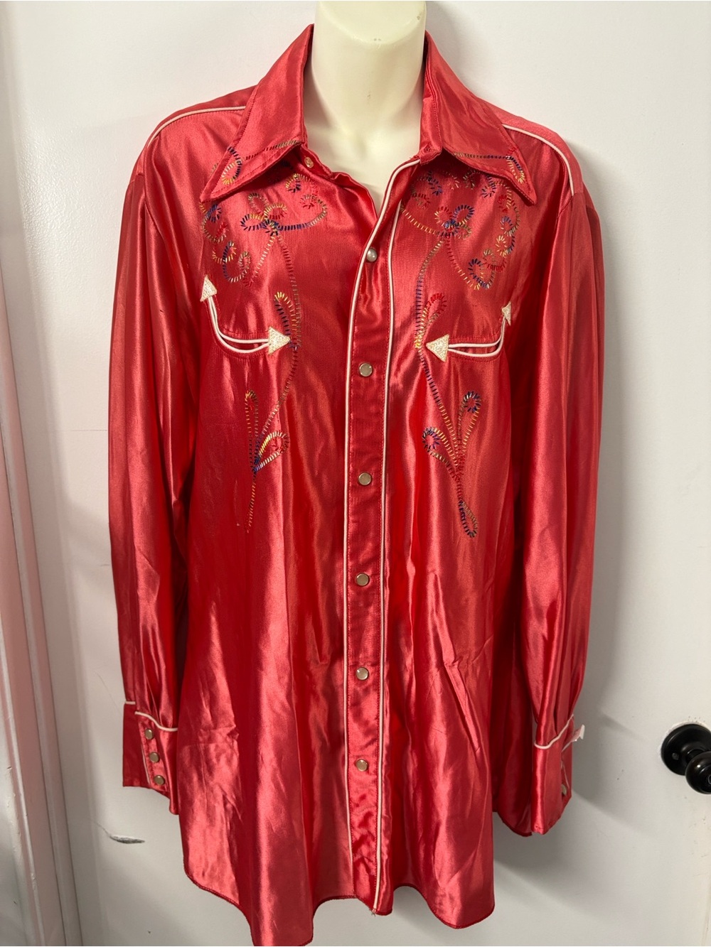 Vintage Women's H Bar C Red Satin Button-Down Shirt with Embroidered Detail